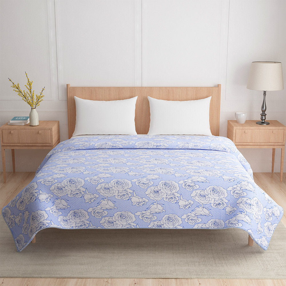 Floral Printed Cotton Double Bed Dohar (Blue)