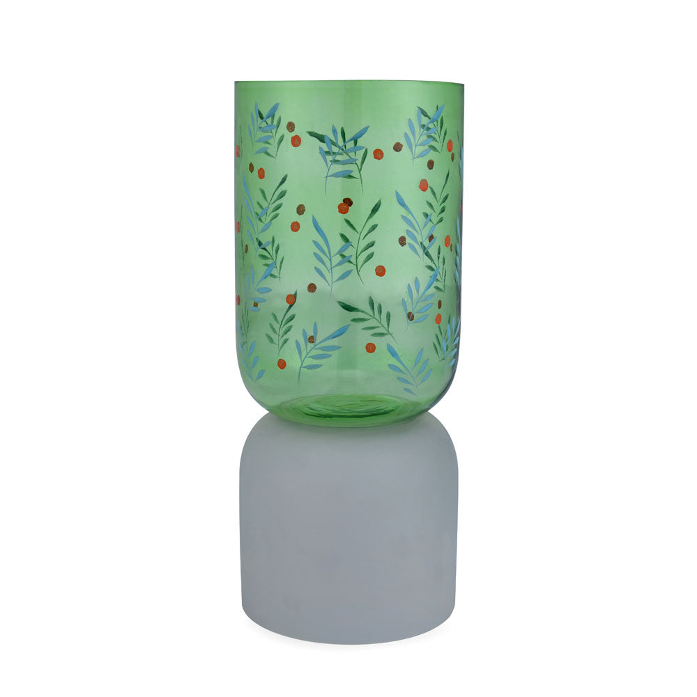 Hand-Painted Dual Arch Leaf Design Small Glass Vase (Green)