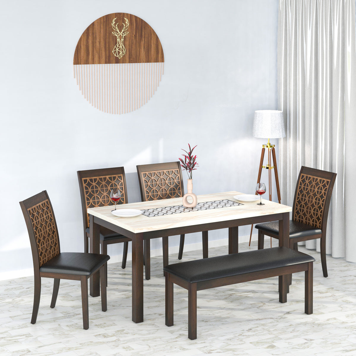 Camden 6 Seater Solid Wood Dining Set With Bench (Dark Walnut)| At-home ...