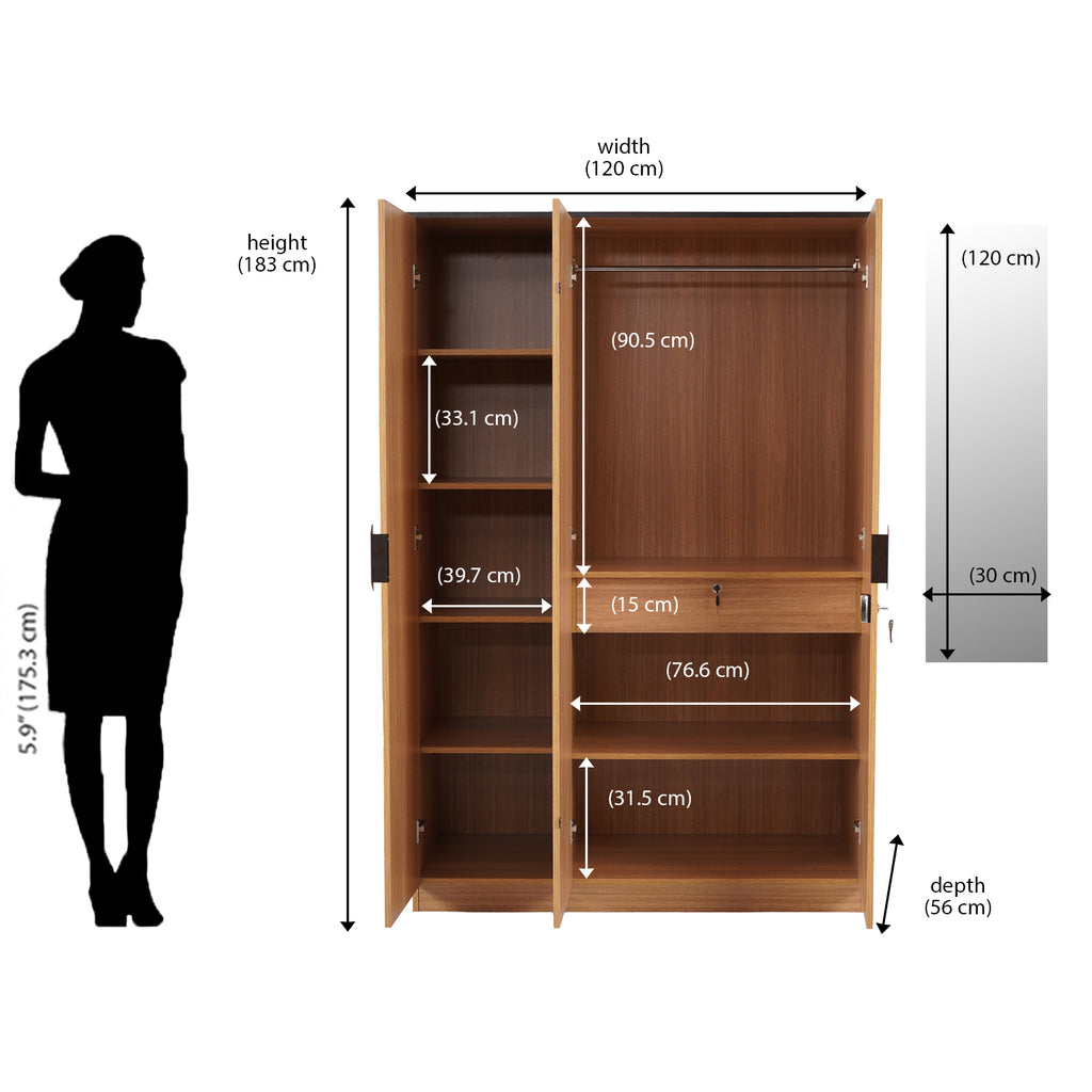 Buy Milford 3 Door Engineered Wood Wardrobe With Mirror & 1 Hanging ...