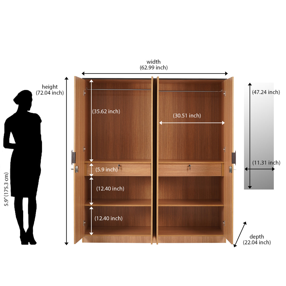 Buy Milford 4 Door Engineered Wood Wardrobe With Mirror & 2 Hanging ...